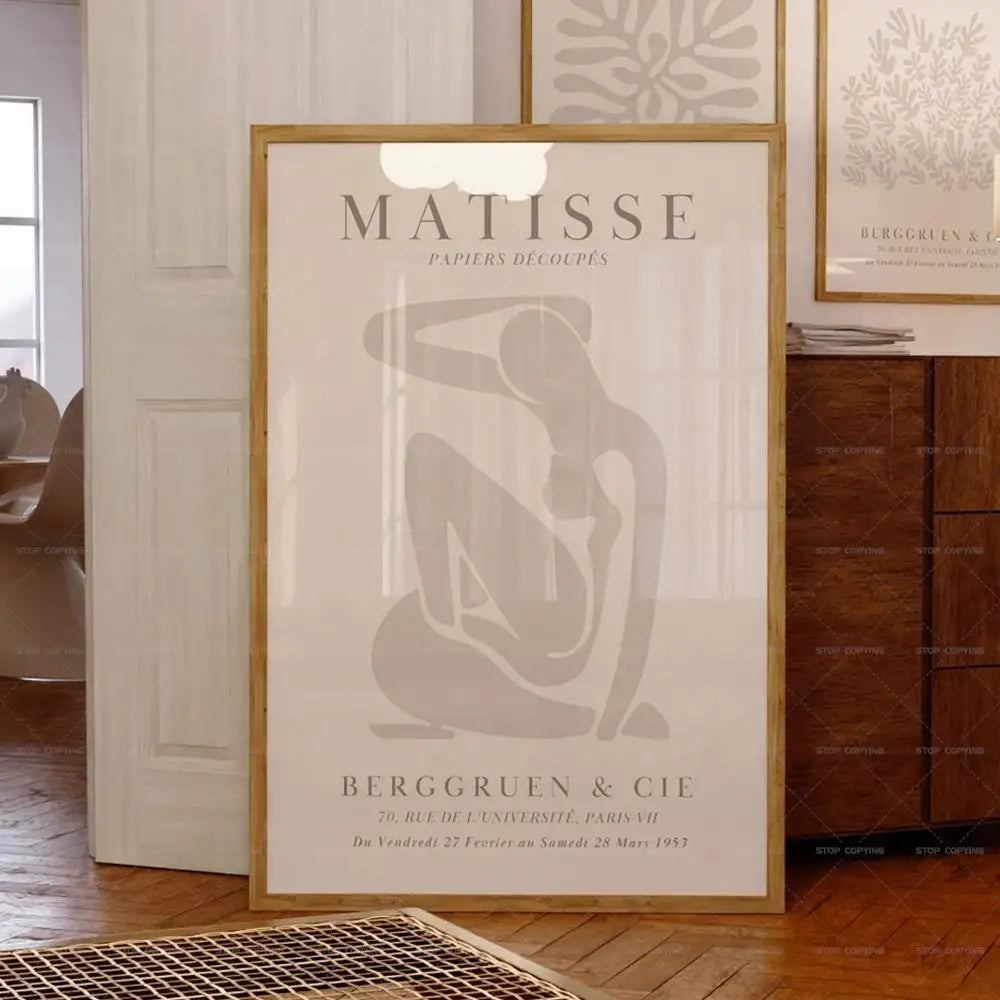 Neutral Beige Botanical Leaf Wall Art Canvas Poster – Mid-Century Minimalist Print