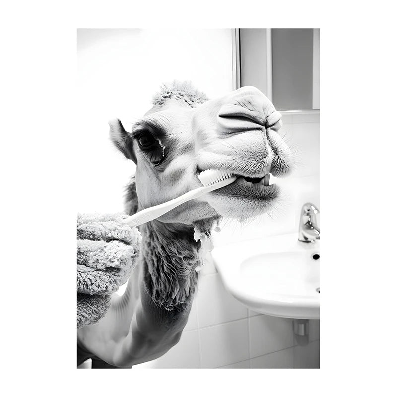 Funny Animal Bathroom Wall Art Poster – Black & White Vintage Print