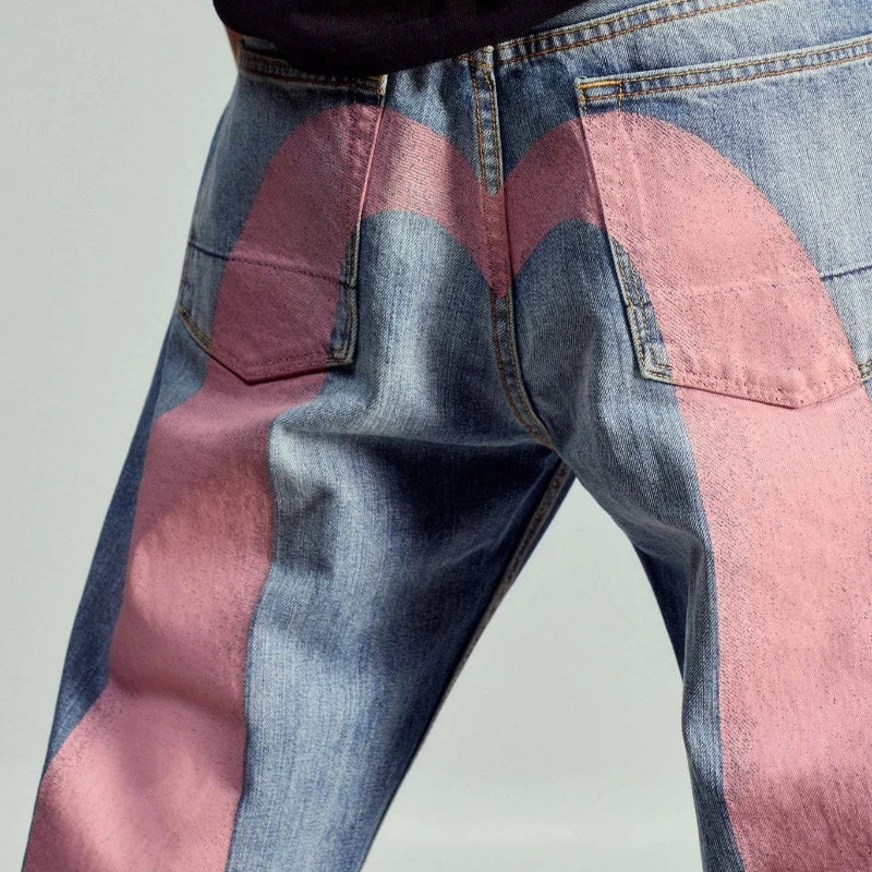 Mens Jeans Print Waist Straight Leg Denim Pants Harajuku Unisex Loose Fit Tapered Casual Streetwear