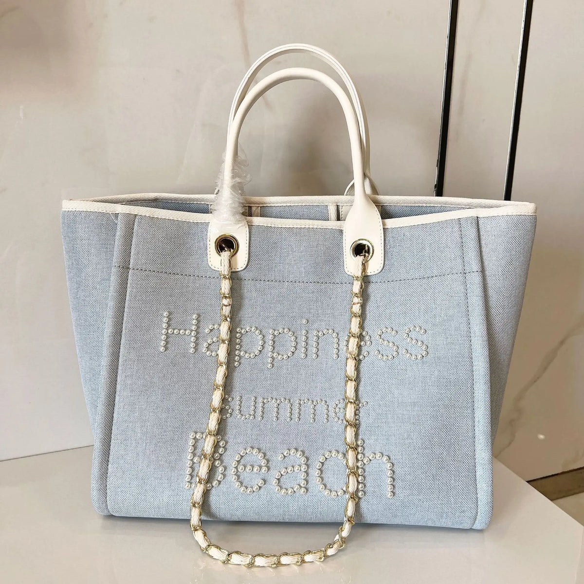Large Canvas Tote Bag with Chain Strap & Leather Handles for Women