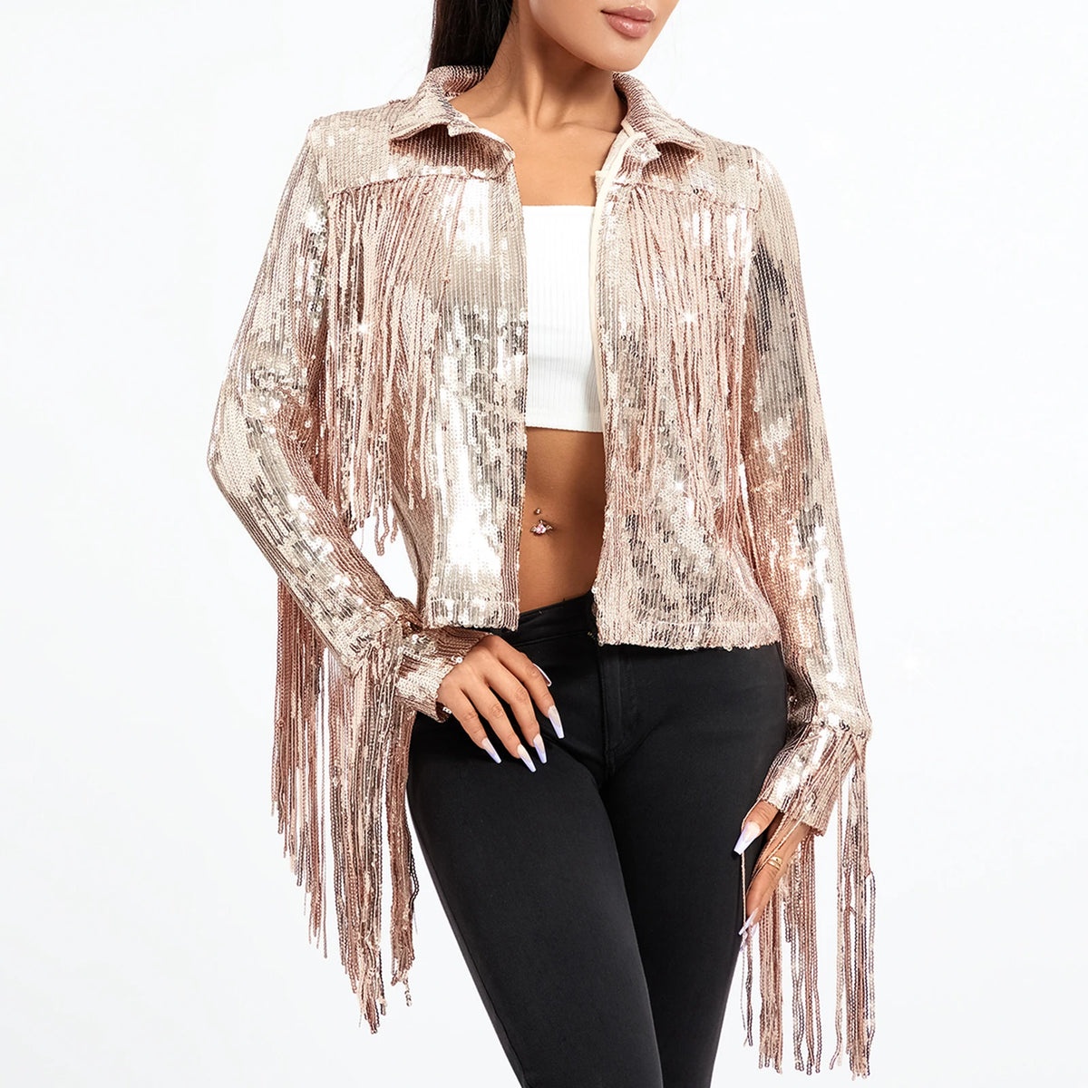 Sequin Fringe Jacket Women Sparkly Disco Outwear Long Sleeve Open Front