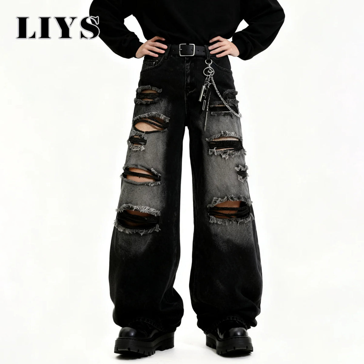 Baggy Ripped Jeans Unisex Gothic Wide Leg Distressed Denim Pants Streetwear