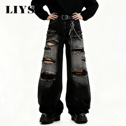 Baggy Ripped Jeans Unisex Gothic Wide Leg Distressed Denim Pants Streetwear
