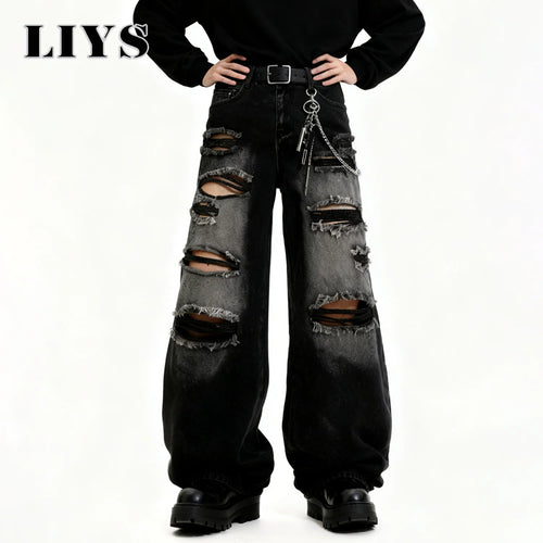 Baggy Ripped Jeans Unisex Gothic Wide Leg Distressed Denim Pants Streetwear