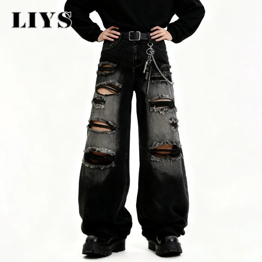Baggy Ripped Jeans Unisex Gothic Wide Leg Distressed Denim Pants Streetwear