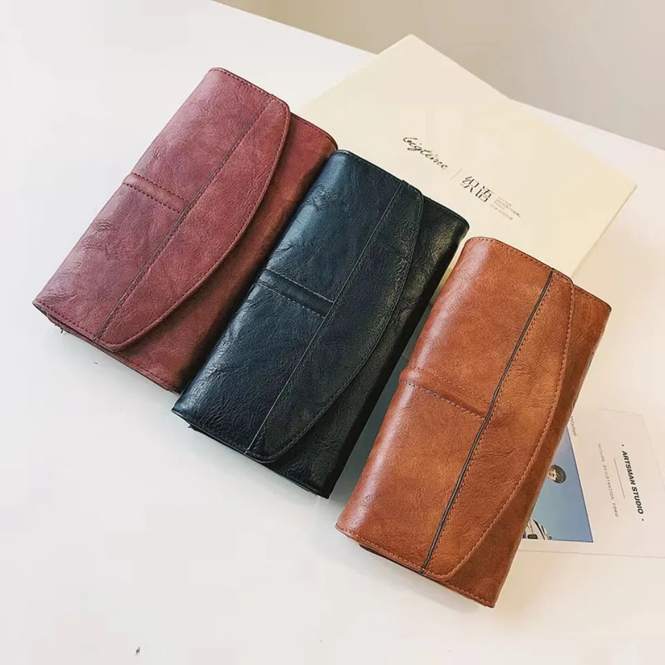 Vintage Trifold Wallet – Women's Long PU Leather Clutch