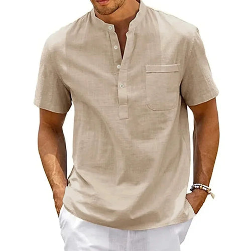 Men's Cotton Linen Henley Shirt – Short Sleeve Beach Top with Pocket