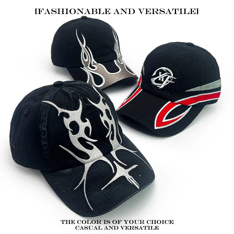 Flame Embroidered Baseball Cap – Y2K Street Style Hat for Men & Women