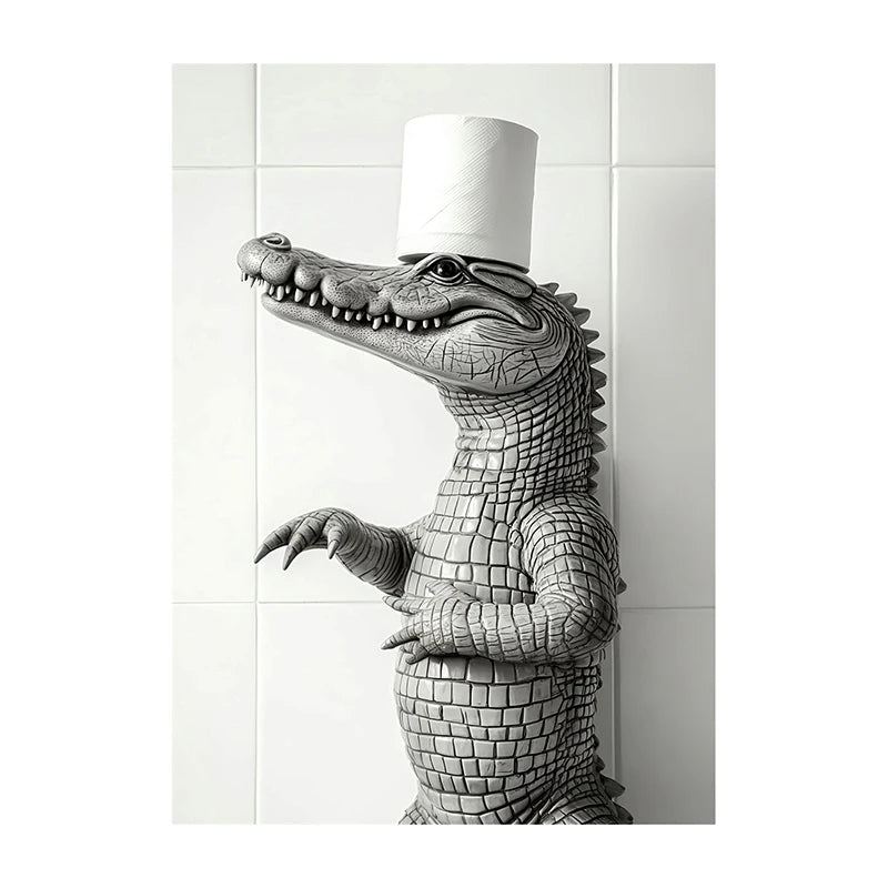 Funny Bathroom Wall Art Poster – Black & White Animal Toilet Paper Print