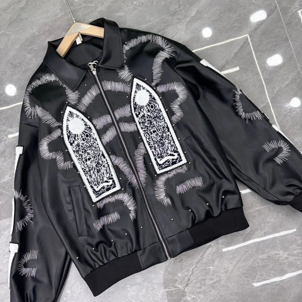 Embroidered PU Leather Bomber Jacket – Men's Hip Hop Streetwear Coat