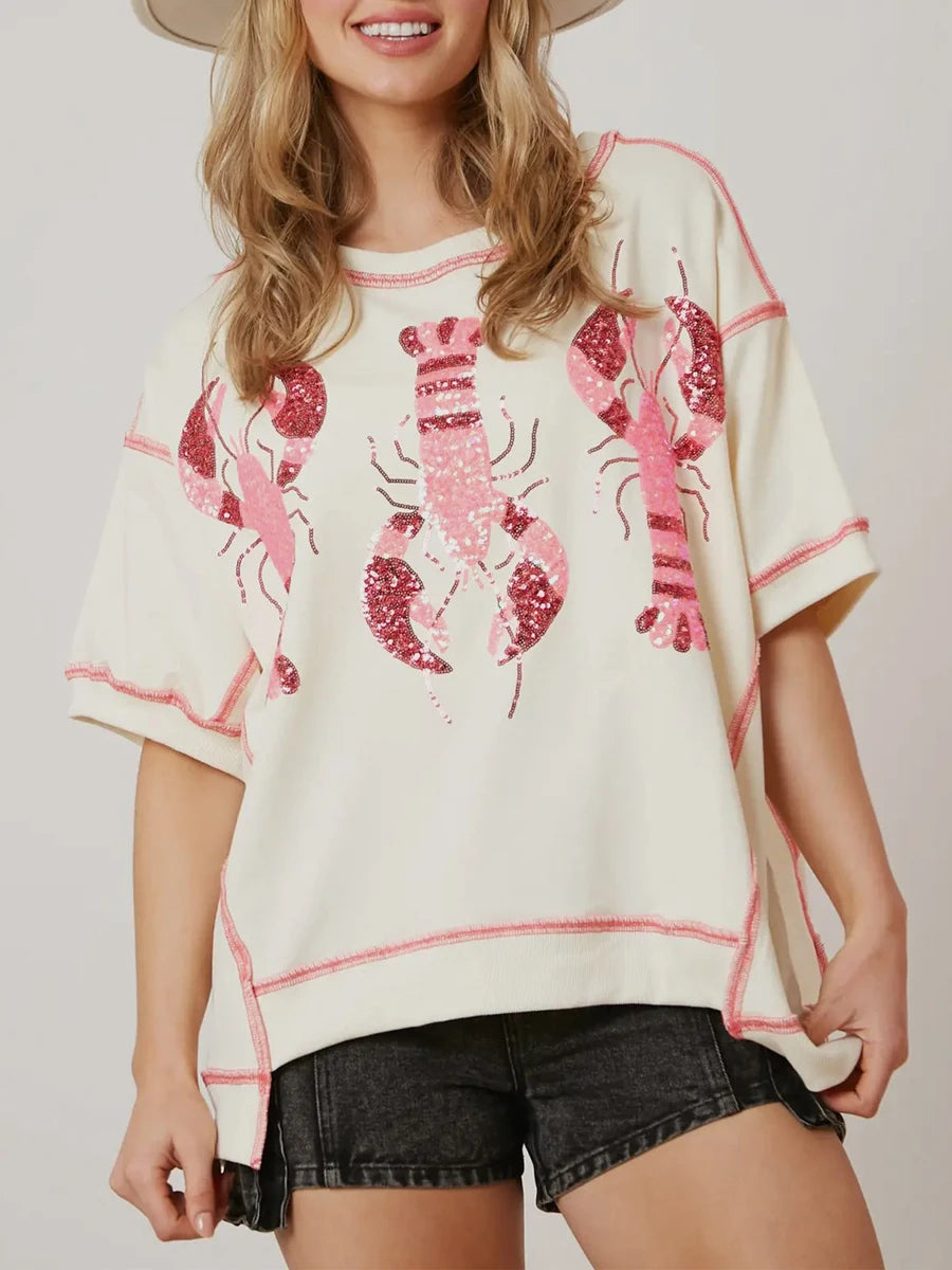Sequin Lobster Print T-Shirt for Women – Retro Graphic Top