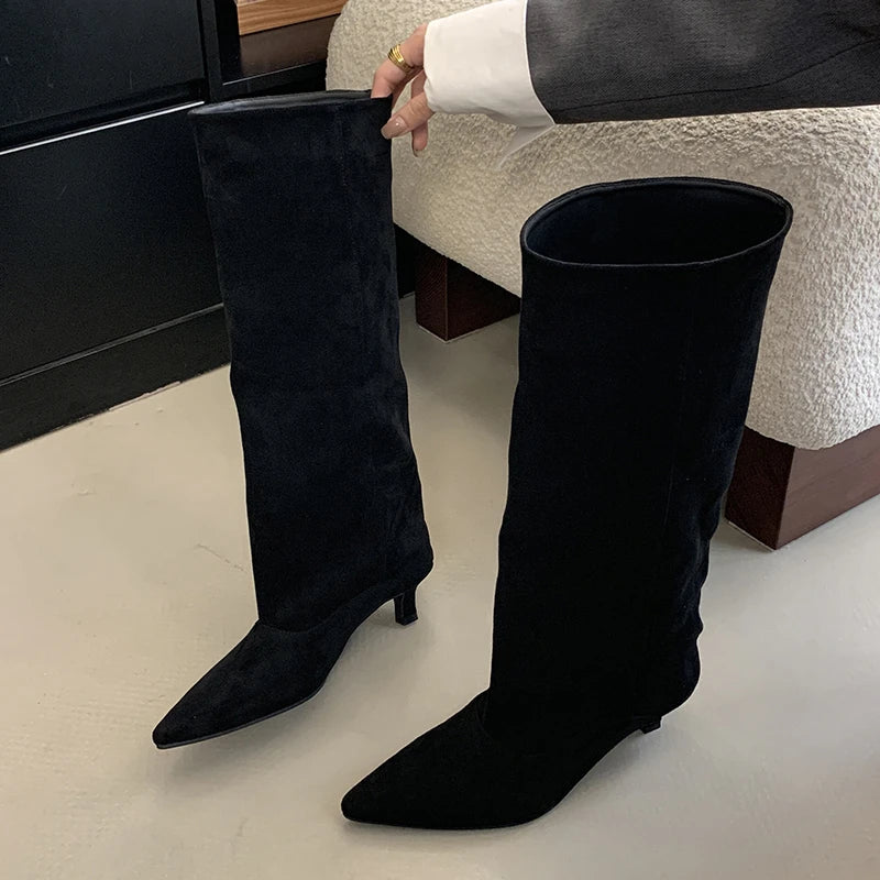 Eilyken Women Knee-High Boots – Pointed Toe Low Kitten Heel