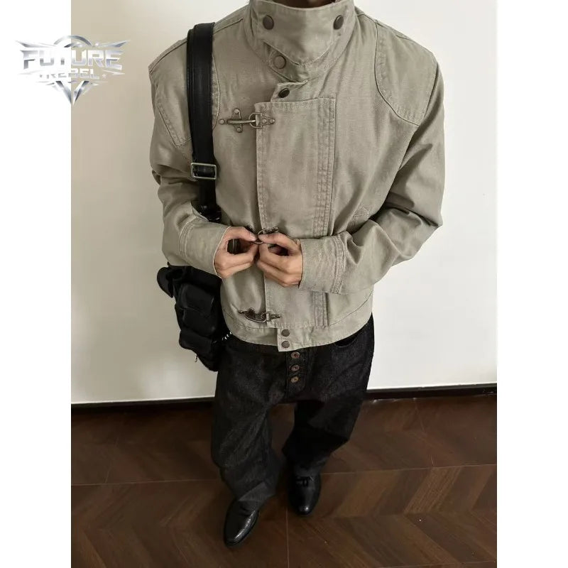 Retro Workwear Jacket – Unisex Short Coat with Metal Clasp Detail