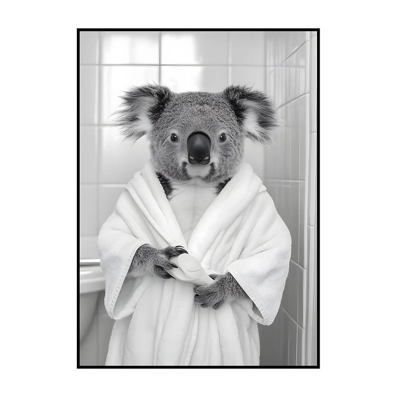 Funny Animal Bathroom Wall Art Poster – Quirky Wildlife in Bathrobe Print